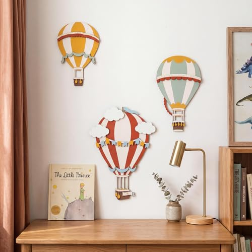 HUASUN 3-pack Trä Ballongväggdekoration 3D, Boho Hängande Väggkonst, Färgrik Rustik Heminredning Utan Borrning för Vardagsrum, Lekrum & Barnrum