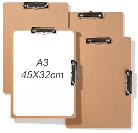 4 Stück Klemmbrett a3, Groß Klemmbretter 44 × 32 cm mit Doppeltem Klemmbrett Holz Clipboard für Büro Klassenzimmer Werkstatt Zeichnen Skizzieren