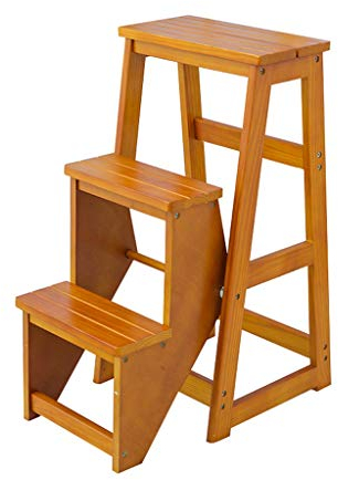 Klapptreppe Klapptritt Leiter Tritthocker mit 3 Holz Stufen Trittleiter für Zuhause Bibliothek Loft Trittleitern leicht und faltbar Leiterregale - 150 kg Kapazität (Braun)