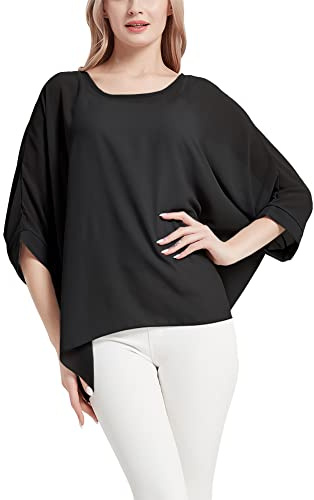 Women's Bohemian Style Summer Beach Lagenlook Top Kimono Loose Waterfall Chiffon Kaftan Poncho Shirt Black