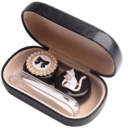 Lenti a Contatto Scatola per Lenti a Contatto con Pinzetta Bastone e Bottiglia di Soluzione Portatile Contenitore Lenti a Contatto per Casa da Viaggio All'aperto (Nero scatola Gatto)