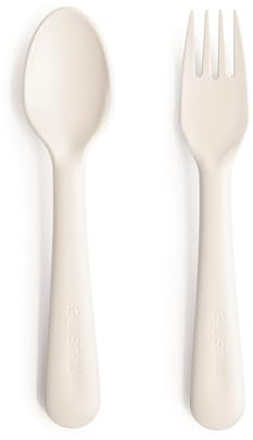 Mushie Set Forchetta e Cucchiaio per Bambini | Set di Posate Riutilizzabili per la Cena | Lavabili in Lavastoviglie e adatti al Microonde | Facili da Impugnare | Fabbricato in Danimarca | Ivory