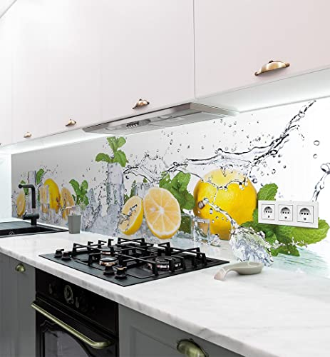MyMaxxi Küchenrückwand Folie selbstklebend matt Versteift - einfache Montage ohne Bohren - Motiv Zitrone - 60cm hoch - Spritzschutz Küche Klebefolie - Obst Blätter 280 x 60 cm