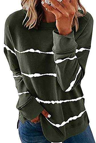 Yming Frauen Casual Langarm Sweatshirt Rundhals Oberteil Streifen Shirt Armeegrün L