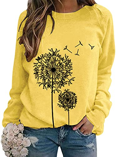 Dresswel Women Dandelion Print Sweatshirts Crew Neck Jumpers Pullover Tops | Ladies Long Sleeve Top Basic Casual Floral Graphic Blouse Shirts