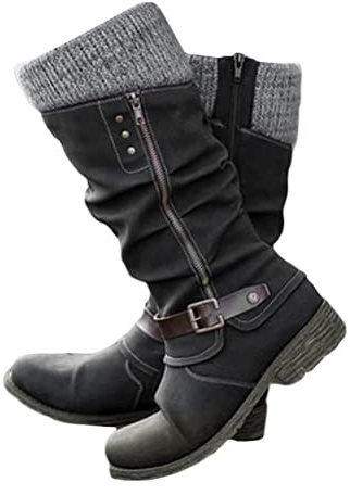 Minetom Bottes Femmes Chaussures Doublure Chaude Hiver en PU Cuir Souple Bottines Plats Boots Cavalière Larges Fermeture Éclair Bottes Équestres B Marin 38 EU