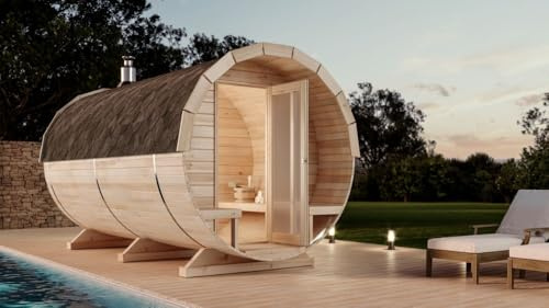 FinnTherm Fasssauna Saunafass Außensauna Charlotte 2 Sitzbänke aus Holz Wandstärke 42 mm