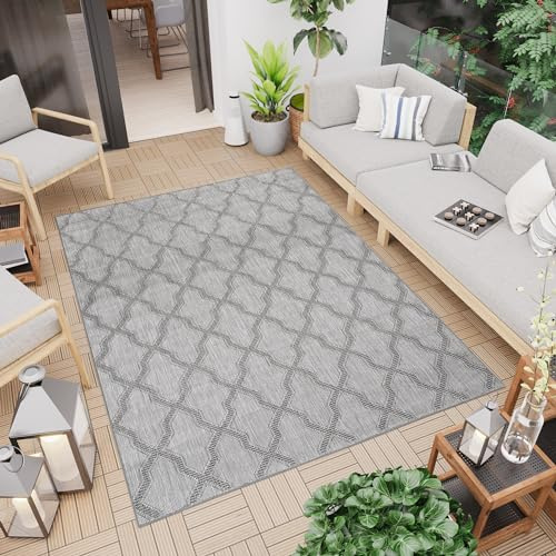 TAPISO Capri Teppich Outdoor Flachgewebe Sisaloptik Grau Modern Gitter Balkon Terrasse Küche Indoor Wetterfest Wasserfest UV-Beständig 80 x 150 cm