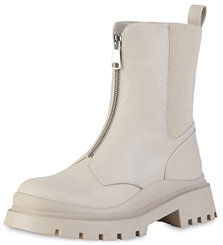 VAN HILL Damen Leicht Gefütterte Stiefeletten Plateau Boots Profil-Sohle Blockabsatz Schuhe 201902 Beige 39