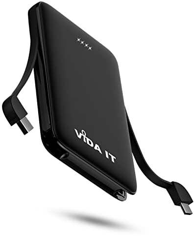 Vida IT vBot Power Bank Portable Charger Battery Pack for Samsung Galaxy A25 S23 S22 Ultra Flip 4 J5 Xiaomi Android Mobile Phone Power Pack with Built-In Cable, Pocket Size USB External Phone Charger