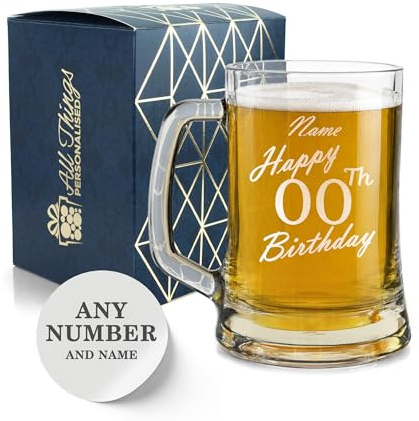 Personalised Engraved Tankard Beer Mug Stein Happy 20,30,40,50... Birthday Handwritten Design, 16.75oz/495ml Classic Beer Glass, Any Name, Engraved in The UK