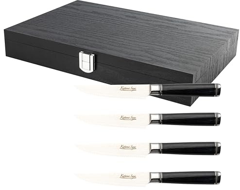 Katana Saya Pakkawood 4-teiliges Steakmesserset, 4x 9 cm gezackte Steakmesser, Japanischer 67-lagiger VG-10-Damast-Edelstahl, schwarzer Pakkaholzgriff, Küchenmesser