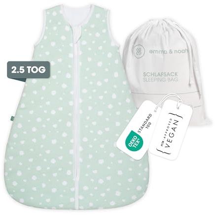 emma & noah Premium Baby Schlafsack, Flauschig Weich, Bequem & Atmungsaktiv, 100% natürliche Baumwolle, OEKO-TEX Zertifiziert, Großzügige Bewegungsfreiheit, 2.5 TOG (Punkte Mint, 80 cm)