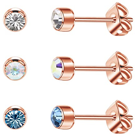 3 par/set damörhängen, titan, flickor, örhängen, allergivänliga, kristall, herrörhängen, 4 mm/5 mm silver/svart/roséguld/guldpläterade örhängen, 5mm, Titan