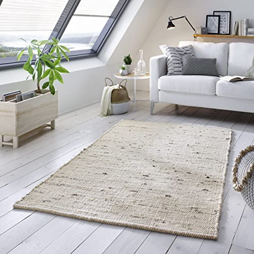 TacaHome Wollteppich Natur Handweb Teppich I Reine Schur-Wolle im Skandinavischen Design I Wohnzimmer Schlafzimmer Esszimmer Kinderzimer Büro | 70 x 240 cm Hellgrau Meliert