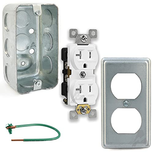 Outlet Box Kit, 2x4'' Utility Electrical Box, Duplex Receptacle 2x4'' Cover, Tamper Resistant 20 Amp Duplex Receptacle Outlet, Green Pigtail Grounding Wire and Screw, Ten 1/2'' Knockouts