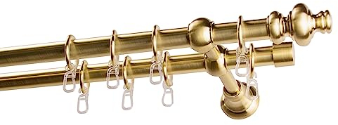 Garesa Gardinenstange Andrea Ø 20mm, 2-läufig, Messing, matt I Stabile Vorhangstange inkl. Ringe + Faltenlegehaken I Mit Endknopf Profil groß I 140cm