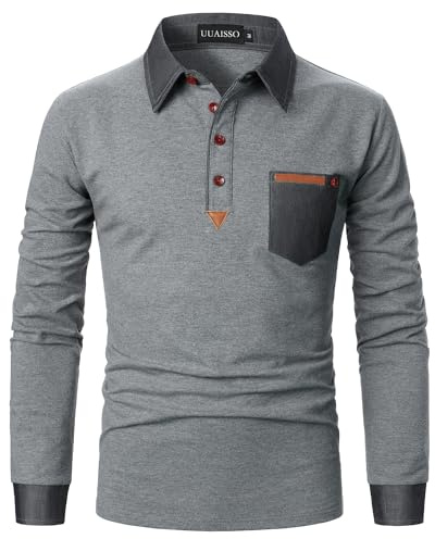 UUAISSO Poloshirt Herren Langarm Polo Shirts Baumwolle Farbe Nähen Tasche T-Shirt Slim Fit Golf grau L