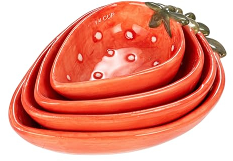 Creative Co-Op Juego de 4 tazas medidoras de cerámica de fresa pintadas a mano, rojo y blanco, juego de 4