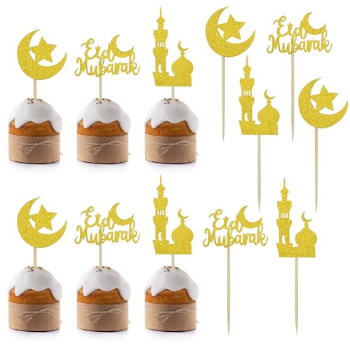 Eid Mubarak Cupcake Toppers, Eid Mubarak Decorations Glitter Gold Moon Star Cake Topper Ramadan Cupcake Topper for Eid Party Muffin Cake Ramadan Party Supplies A4ZJXYCP