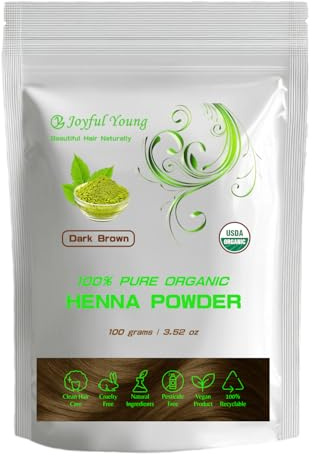 Joyful Young Henna Hair Dye for Gray Coverage – Organic Natural Hair Dye, Plant-Based Herbal Hair Color Powder, Chemical-Free Vegan Hair Coloring (Dark Brown) – 100g