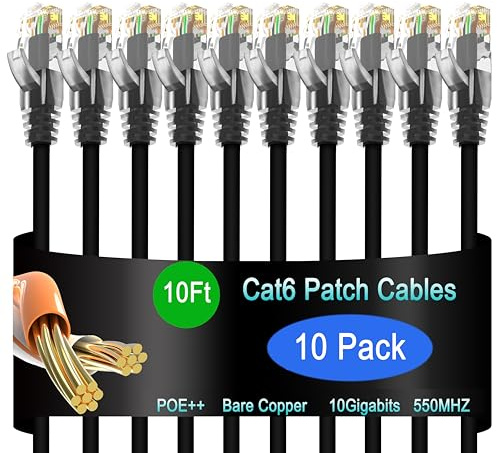 Lysymixs Cat6 Ethernet Cable 10 ft (10 Pack) - Network Patch Cable for Data Centers, Home and Enterprise Networks, 10G Compatible - Black