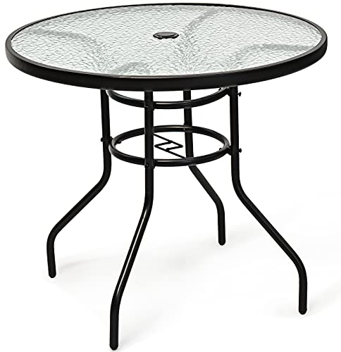 KOMFOTTEU Runder Gartentisch φ80cm, Bistrotisch aus Metallrahmen & Glas, Balkontisch mit Schirmständerloch, Glastisch Beistelltisch Kaffeetisch wetterfest für Outdoor Indoor