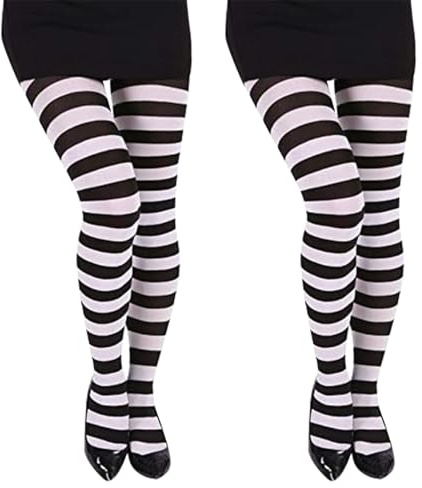 BORFUE 2 par randiga strumpbyxor helfotade randiga strumpor kostym randiga tights för fest kostym utklädnad, Svart vit, one size