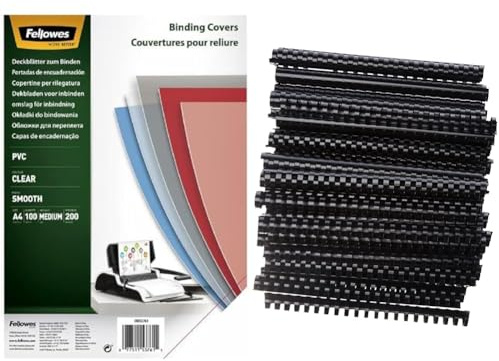Fellowes Klarsicht Deckblatt aus PVC, A4 Format, 200 mic Stärke & Peach Plastikbinderücken A4-22mm - 210 Blatt - 50 Stück - schwarz - PB422-02