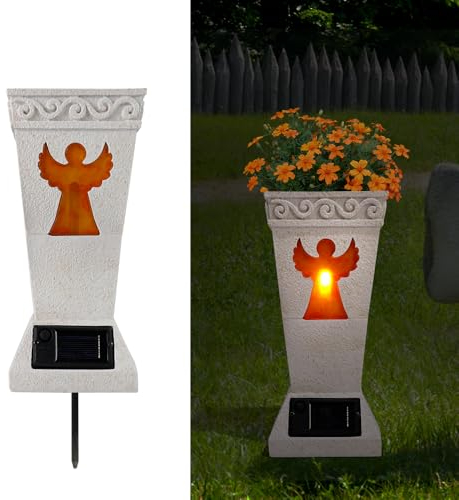 TB TIBAG Solar Light Cemetery Vases for Grave, Angel Grave Flower Holders for Cemetery with Spikes, Sympathy Memorial Gifts Funeral Gifts for Loss of Loved Ones Dad Mom Grandpa Grandma, 13.6 Tall