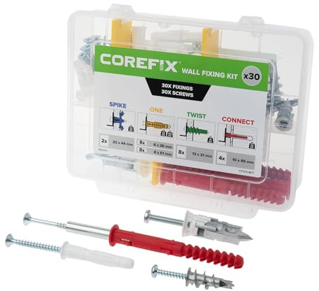 Corefix Kit completo de fijación de pared (paquete de 30), fijaciones autoperforantes para placas de yeso, tacos y tornillos de pared con cavidad. Adecuado para paredes de yeso, puntos y dab,