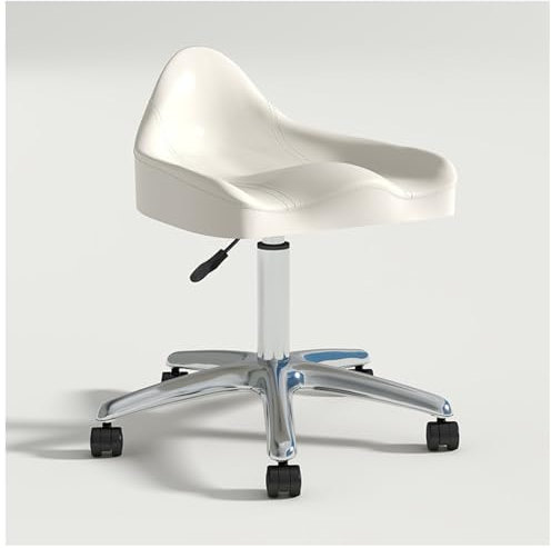 LANGSTON Sattelhocker mit niedriger Rückenlehne,Rollbarer, drehbarer Salon-SPA-Hocker, Friseurhocker, Höhenverstellbar, Breite, Dicke Sitzpolsterung, für Massage-Zahnkliniken,Weiß