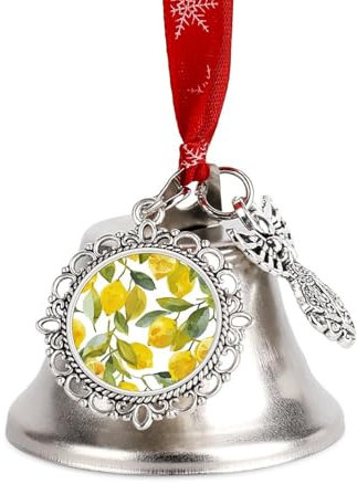 Christmas Bell Yellow Lemon Pattern Jingle Bell with Wing Pendant Christmas Ornament Metal Vintage Bells Christmas Tree Hanging for Holiday Party Decoration