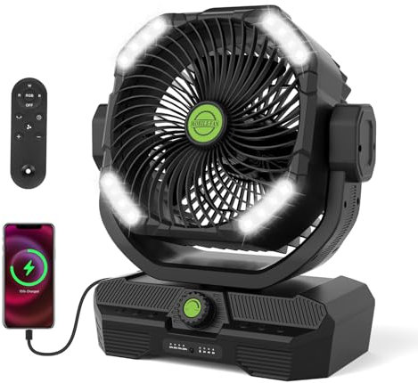 RUNTOP 45000mAh Large Battery Operated Fan, High Speed Oscillating Camping Fan with Remote,Quiet Adjustable Tilt Rechargeable Fans, Battery Powered fansfor Tent Home Office, Bedroom Travel (Black)