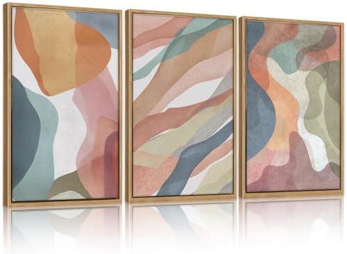 CHDITB Colorful Abstract Vibrant Pastel Framed Canvas Wall Art (24x36), 3 Panels Muticolor Modern Shape Block Groovy Artwork, Large Watercolor Minimalist Green Blue Yellow Aesthetic Art Decor Paintings for Bedroom Living Room Office