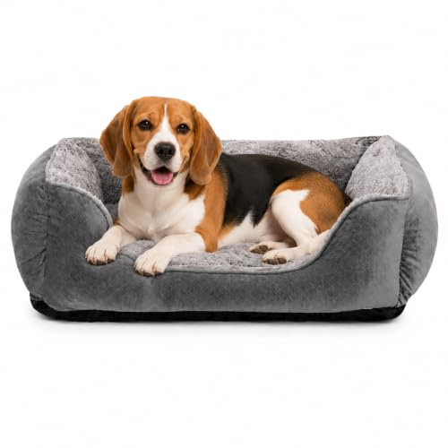 Oveppy Dog Bed Medium Washable, Rectangle Dog Beds for Medium Large Dogs, Calming Pet Bed with Bolstered Sides, Non-Slip Bottom, Grey, 25 x 21 x 8inch