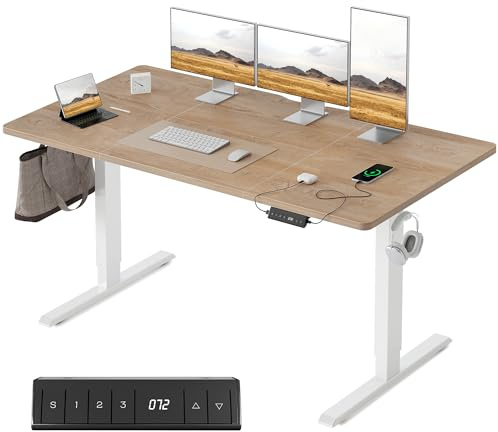 FEZIBO Höhenverstellbarer Schreibtisch mit USB-C&USB-A Ladeanschl 140x70cm | Schreibtisch Höhenverstellbar Elektrisch, 72–118cm Hub, 3 Memory-Funktion, 80kg Tragkraft, Ergonomischer Computertisch, Eiche