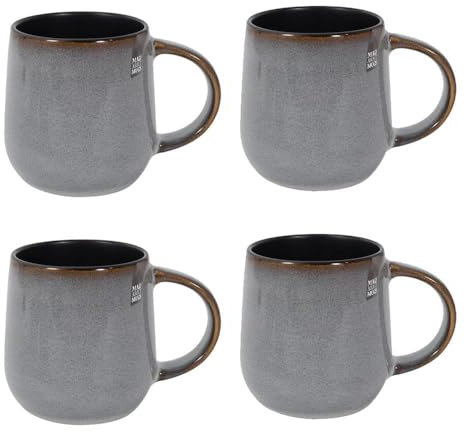 Set of 4 Reactive Glaze Mugs - 13 Ounce 430ml Stoneware - Grey Pattern Black Interior - Tea Coffee Cups Latte Cappuccino Hot Chocolate Drinks - Home Kitchen Work Office Mug Set