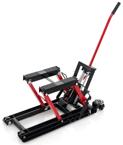 TANGZON Hydraulic Motorcycle Lift Jack, 680KG Capacity Portable Motorcycle Lift Table with 3-Position Height Adjustable Platform & Wheels, Hydraulic Foot-Operated Hoist Stand for ATV UTV (Black + Red)