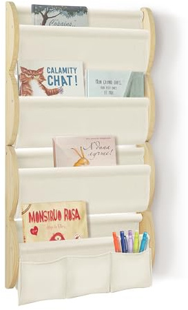 wooshwa Bücherregal Kinder Wand Kinderbücherregal Montessori (Beige) | 4 Ablagen & 3 Taschen Kinderregal Wandregal Kinderzimmer Regal Wellenförmig Massivholz