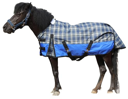 Leberna 600D wasserdichte Ripstop-Poly-Miniatur-Pferdedecke, leichte Regendecke, für Pony, Mini-Shetlandpferd, 0 g Füllung, blau kariert, 7,6 cm