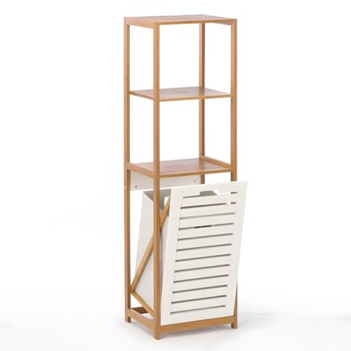 Begryf Bambus Wäschesammler mit Regal – 3‑Stufiges Badezimmerregal mit Wäschekorb – Naturholz und Stoff, Badregal mit Wäschekorb Bambus, Wäschetruhe, Wäschebehälter, Schrank für Bad & Haushalt