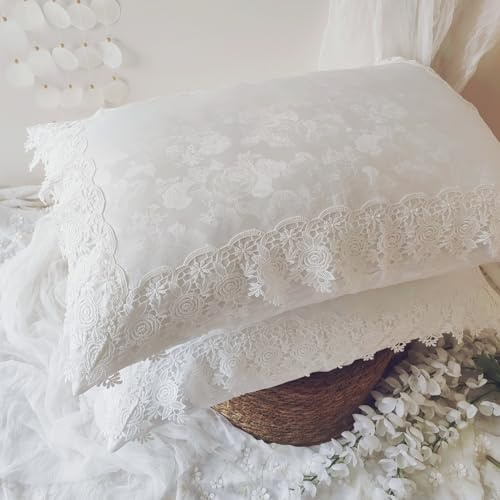 White Jacquard Pillow Shams, French Style Rose Embroidered Lace Trim Pillowcases, 50x65cm Set of 2, Vintage Shabby Decorative Bed Pillow Covers with Hidden Zipper for Bedroom & Sofa