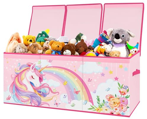 Decalsweet Extra Large Toy Box Storage for Kids,Foldable Oxford Toy Storage Organizer with Lid-96×32×40cm-Lightweight Toy Chest with Handles for Bedroom Nursery,Gift for Girls,Unicorn Rainbow