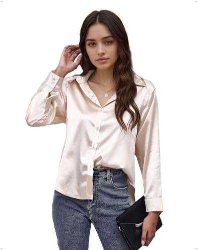 EMOTTOS Camicetta Sexy in Raso da Donna, Top Ampio con Bottoni e Scollo a V, Camicia Elegante a Maniche Lunghe da Indossare, Andare in Ufficio o per Il Tempo Libero, Beige, Taglie L