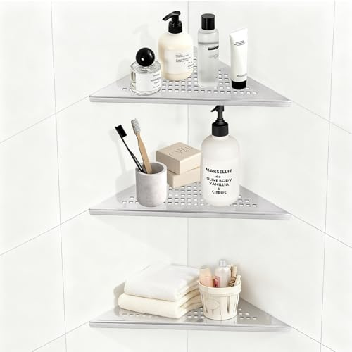 Supaway 3 Pezzi Scaffale angolare per doccia in acciaio inossidabile 304 Mensola angolare bagno senza foratura, Ripiano doccia con design a griglia (Finitura spazzolata integrata, 254 mm x 254 mm)