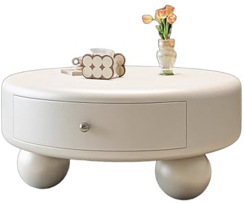 Mesa de centro circular con cajón de almacenamiento, mesa central moderna y simple con 3 patas de bola, mesa de té baja para el hogar, sala de estar, oficina, fácil de montar
