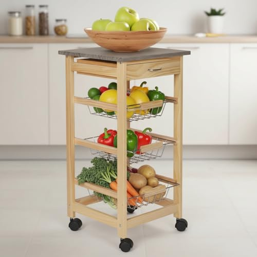 INDE MOBLEKIT | Carrito Auxiliar con Ruedas 3 Estantes con Cajón, Verdulero de Cocina en Madera Natural, Verdulero Práctico para Frutas y Verduras, Mueble Auxiliar de Cocina con Estantes
