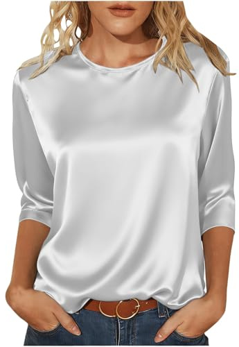 Top con maniche a 3/4 da donna UK raso girocollo camicette da donna in seta casual eleganti camicie lucide lisce t-shirt basic autunno inverno tinta unita tunica top ufficio lavoro pullover, bianco