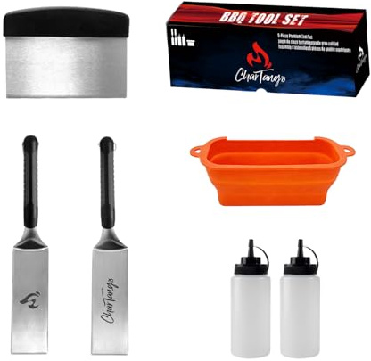 Blackstone Griddle Tools Set with Silicone Grease Tray – Heavy-Duty Stainless Steel Spatulas & Scraper + Drip Pan for Blackstone/Camp Chef – 6-Piece BBQ & Camping Cooking Kit